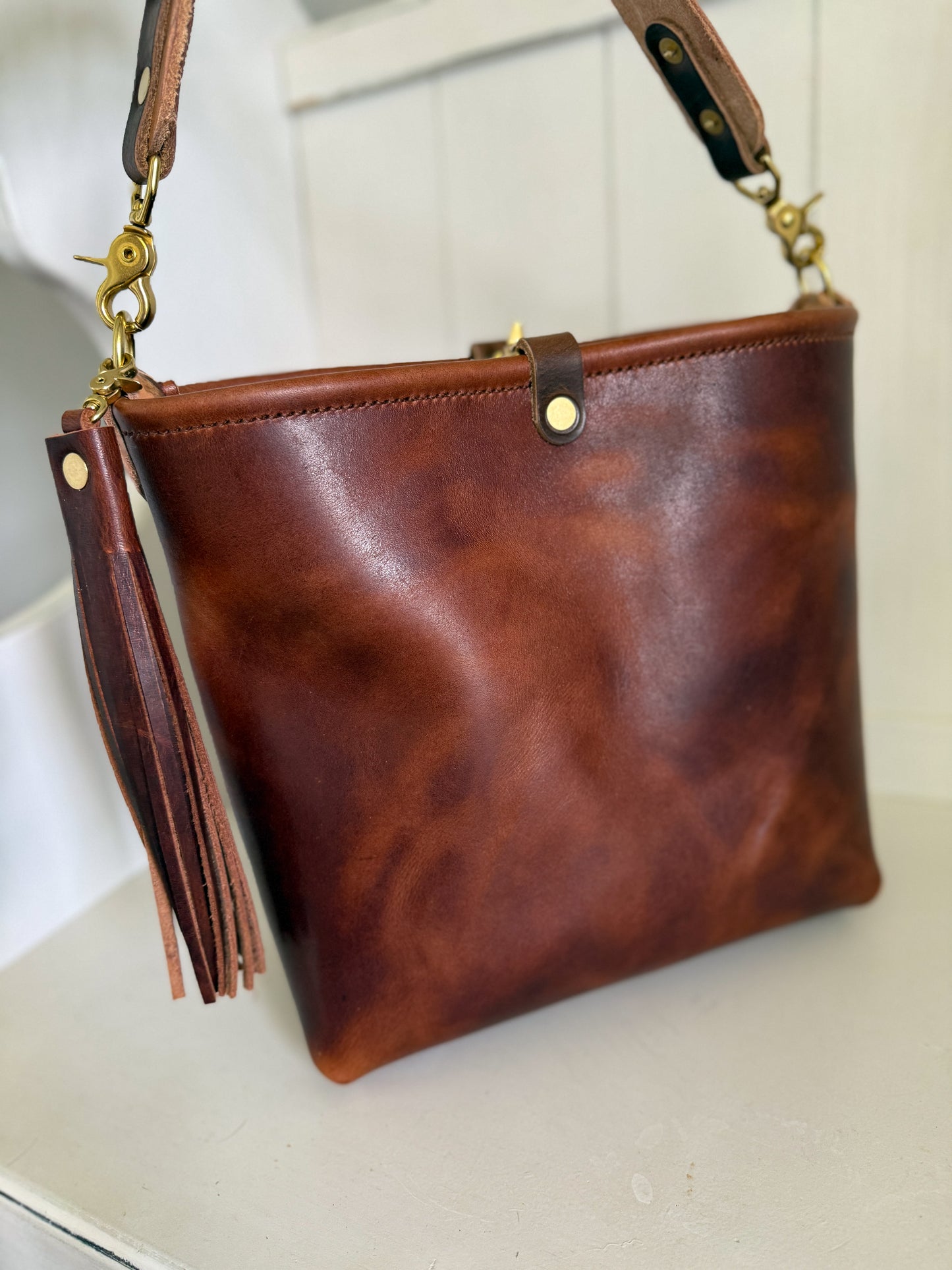 Hobo Bucket in Horween Brown Nut Dublin w/Candy Strap