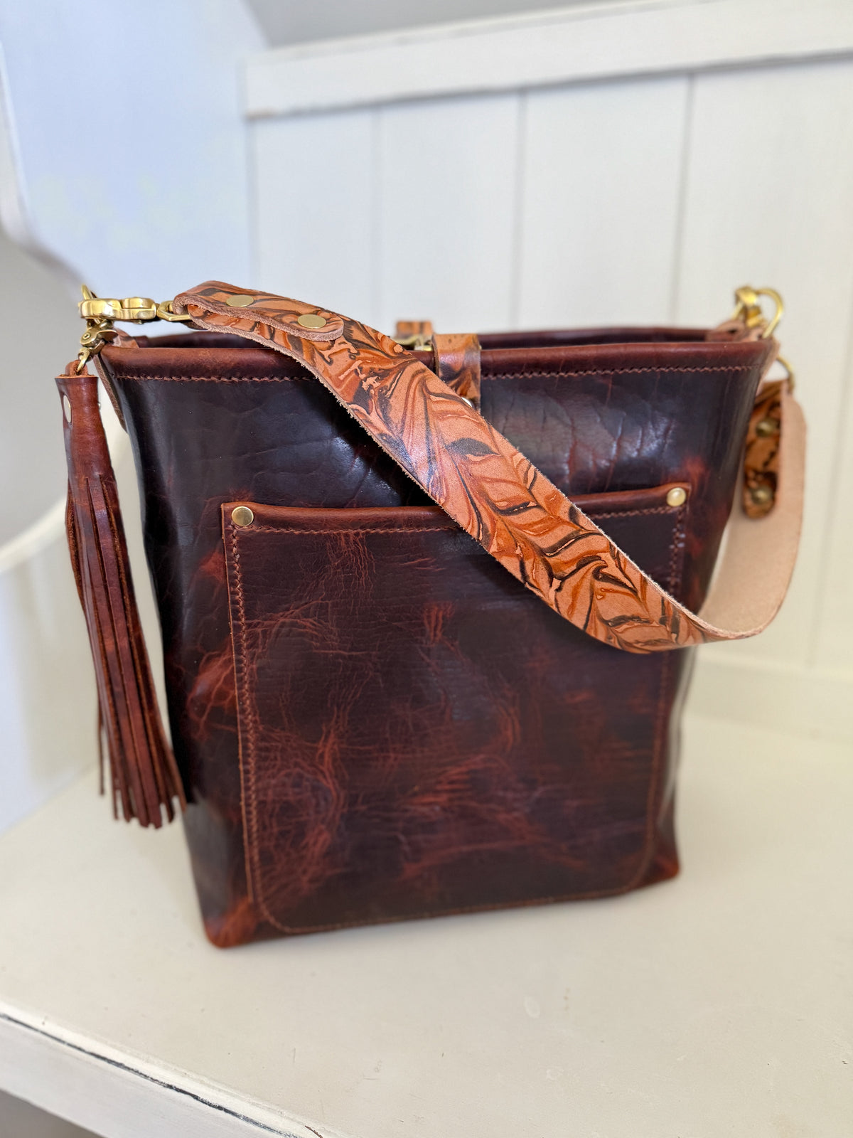 Bennett Bucket in Coffee Full Grain Bison Leather w/Dyed Strap