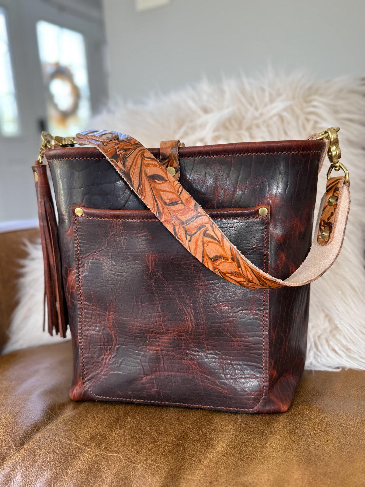Bennett Bucket in Coffee Full Grain Bison Leather w/Dyed Strap