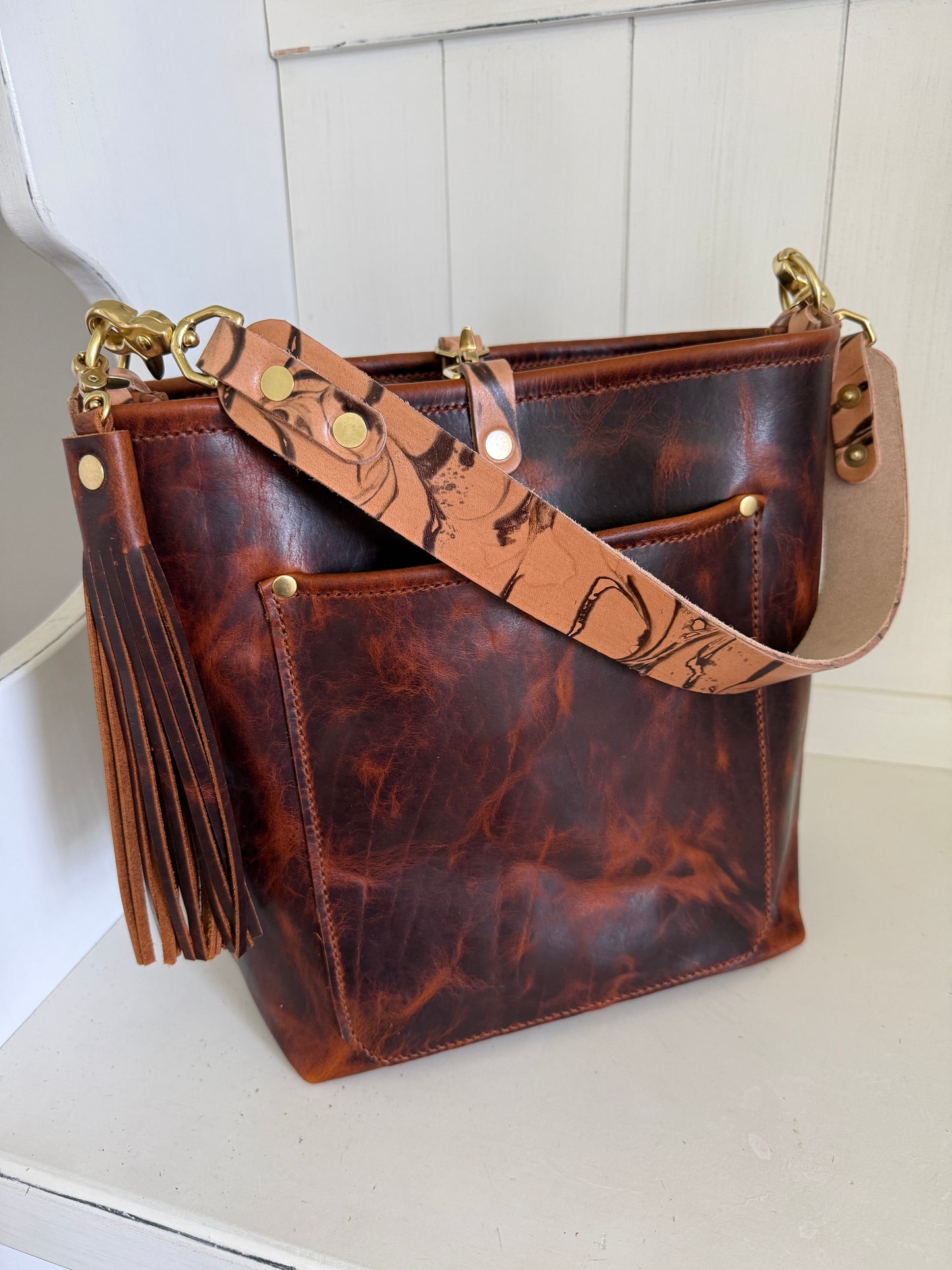 Bennett Bucket in Coffee Full Grain Bison Leather w/Dyed Strap