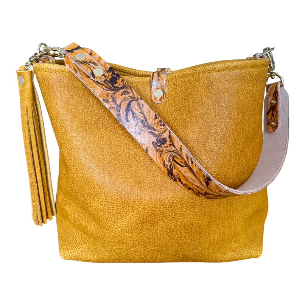 Hobo Bucket in Goldenrod Full Grain Bison w/Candy Strap