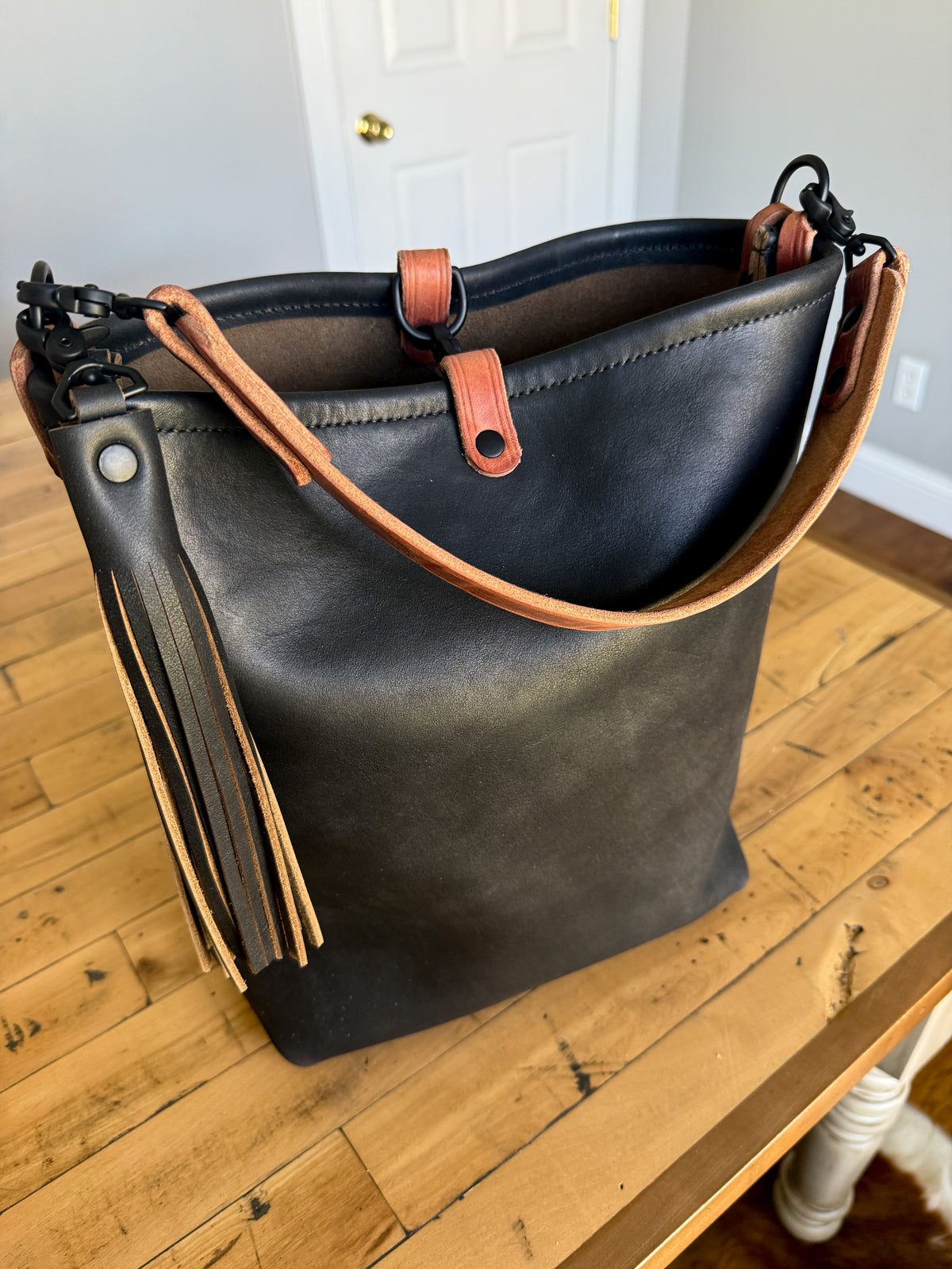 Slim Hobo Bucket in Horween Jet Black Full Grain Leather w/Hermann Oak Strap