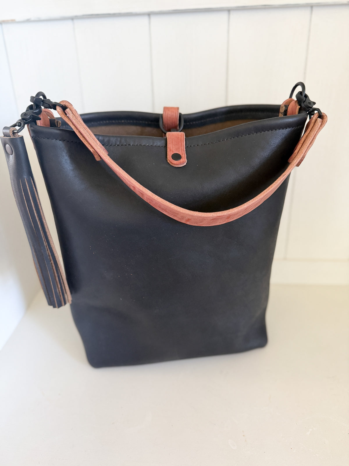 Slim Hobo Bucket in Horween Jet Black Full Grain Leather w/Hermann Oak Strap