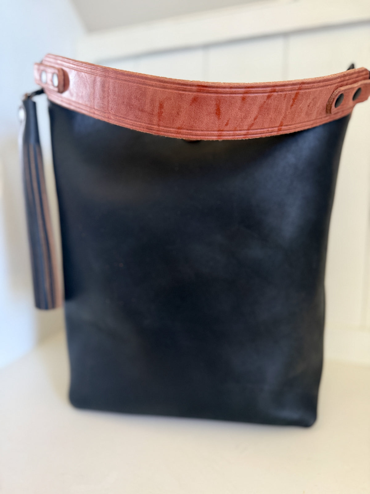Slim Hobo Bucket in Horween Jet Black Full Grain Leather w/Hermann Oak Strap