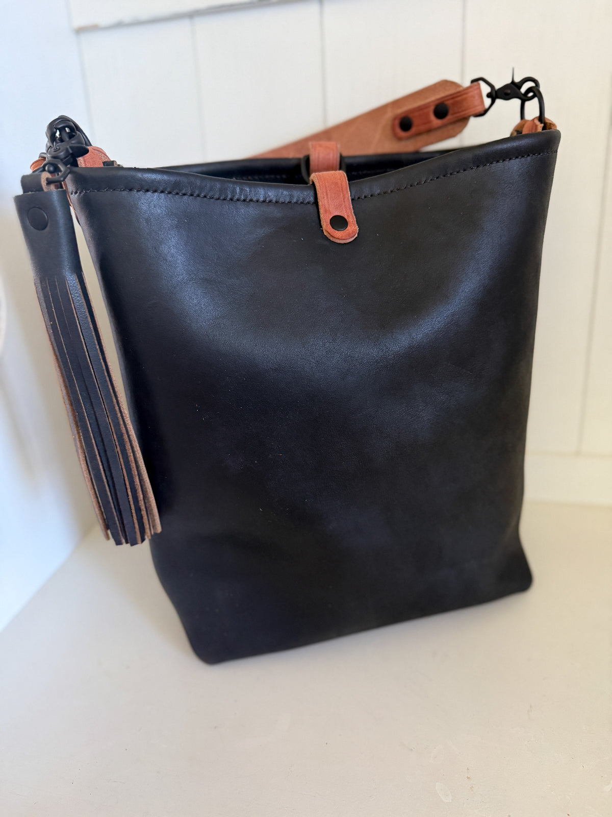 Slim Hobo Bucket in Horween Jet Black Full Grain Leather w/Hermann Oak Strap