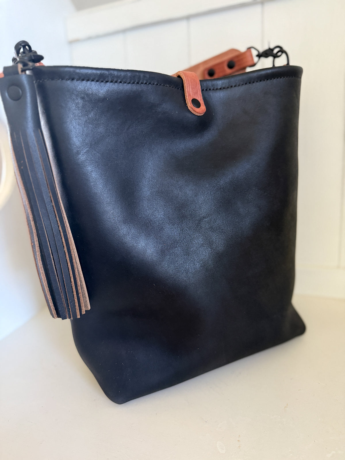 Slim Hobo Bucket in Horween Jet Black Full Grain Leather w/Hermann Oak Strap