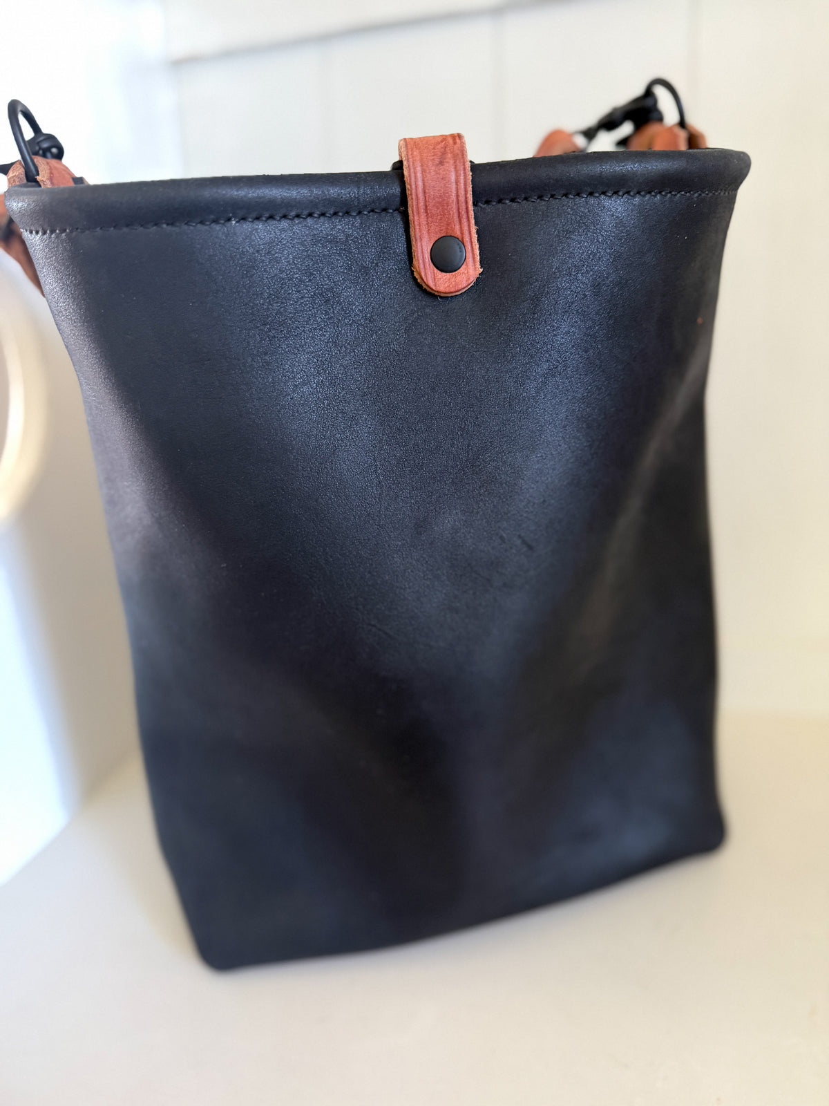Slim Hobo Bucket in Horween Jet Black Full Grain Leather w/Hermann Oak Strap