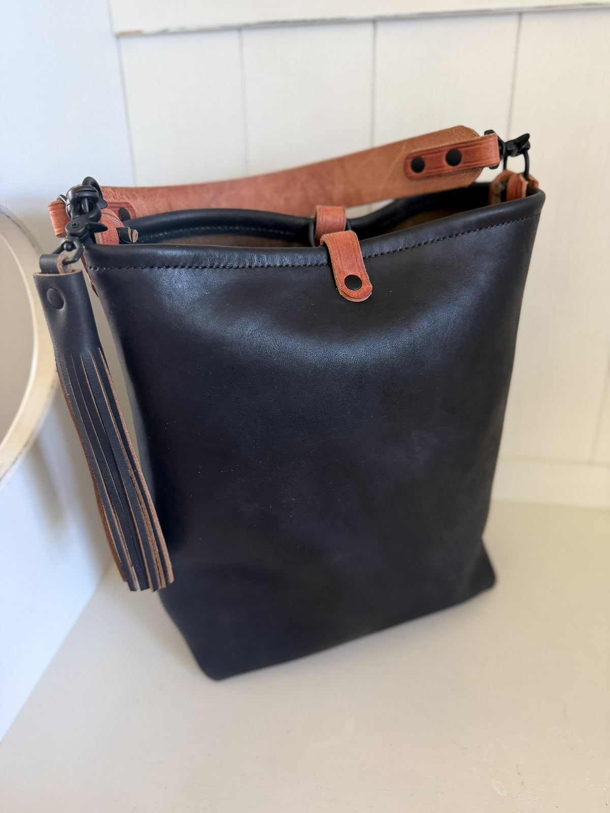 Slim Hobo Bucket in Horween Jet Black Full Grain Leather w/Hermann Oak Strap
