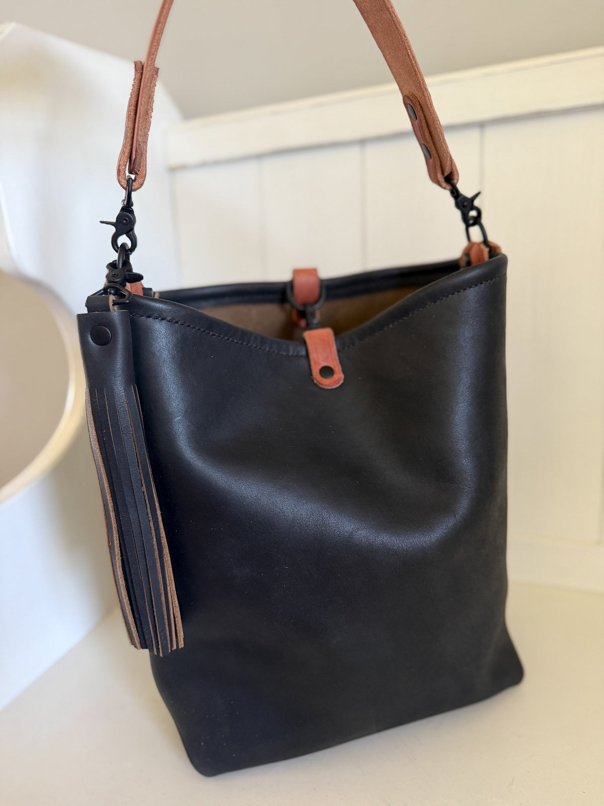 Slim Hobo Bucket in Horween Jet Black Full Grain Leather w/Hermann Oak Strap