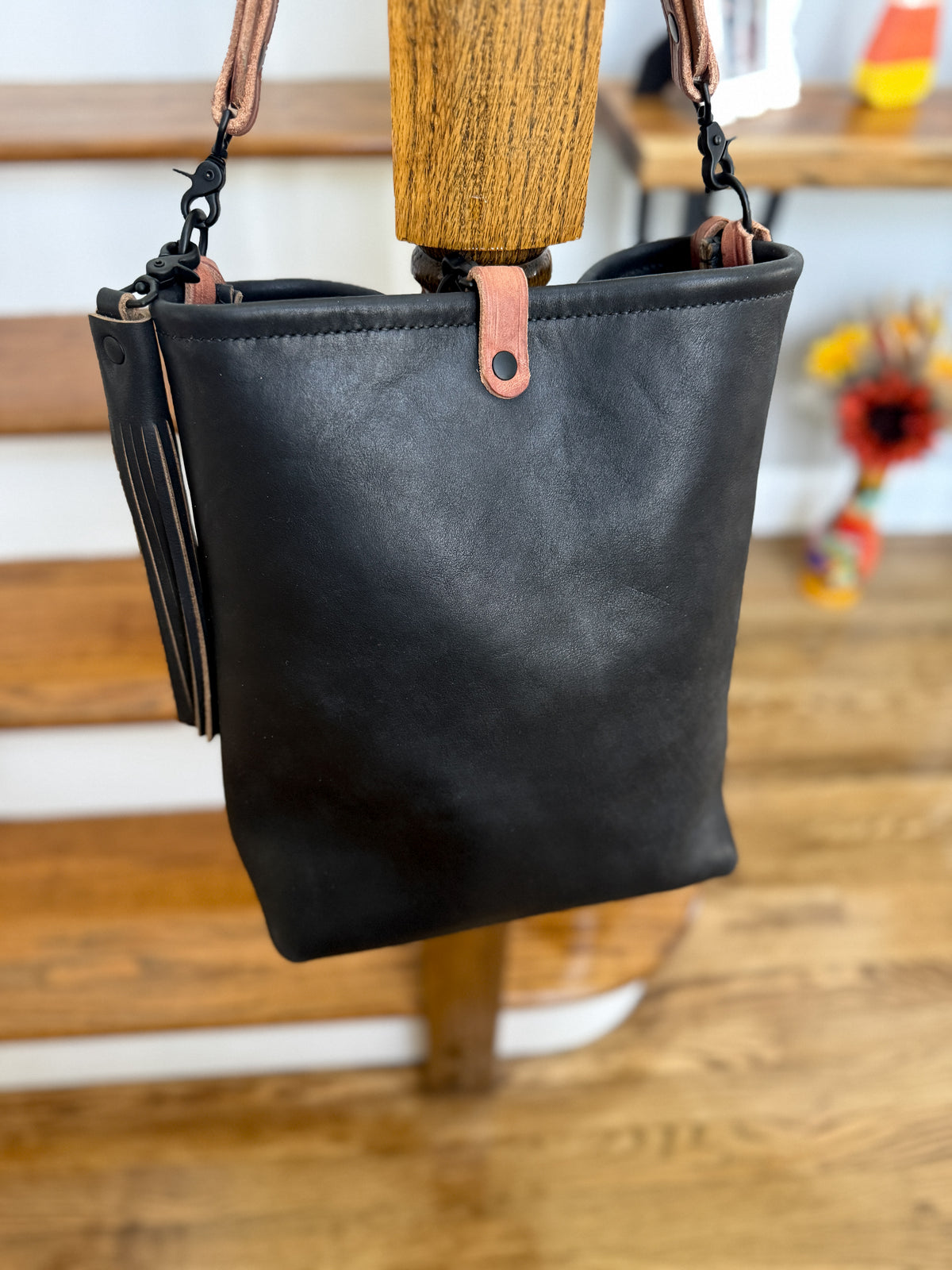 Slim Hobo Bucket in Horween Jet Black Full Grain Leather w/Hermann Oak Strap