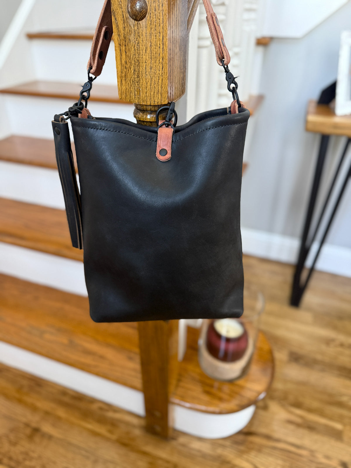 Slim Hobo Bucket in Horween Jet Black Full Grain Leather w/Hermann Oak Strap