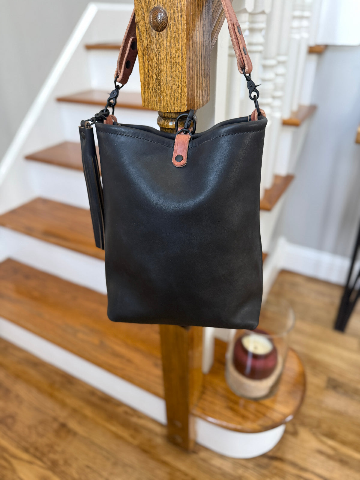 Slim Hobo Bucket in Horween Jet Black Full Grain Leather w/Hermann Oak Strap