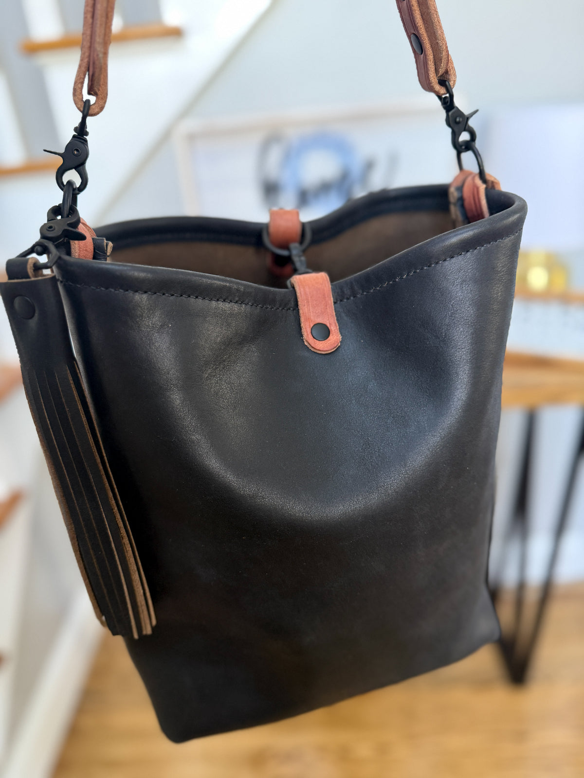 Slim Hobo Bucket in Horween Jet Black Full Grain Leather w/Hermann Oak Strap
