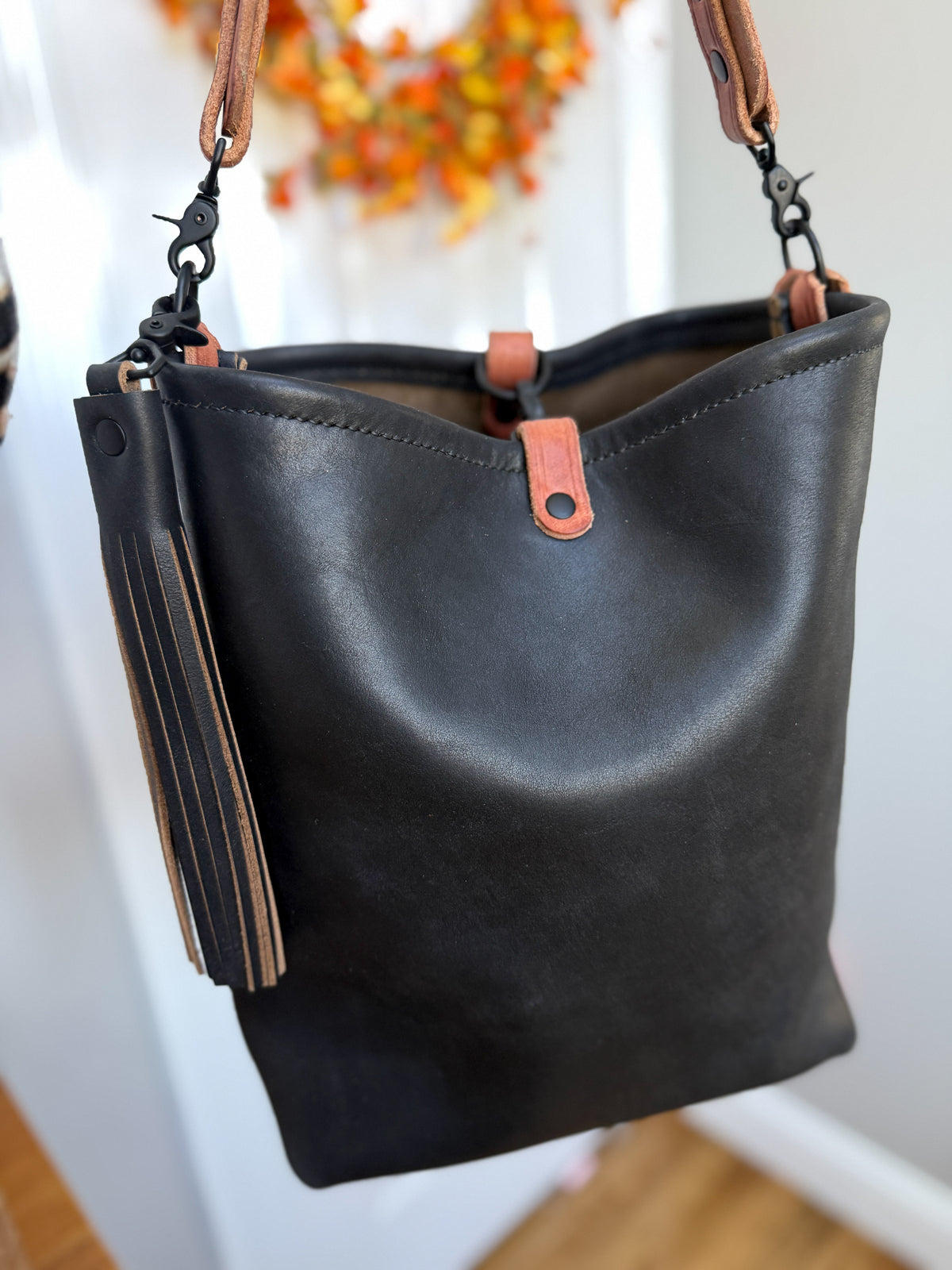 Slim Hobo Bucket in Horween Jet Black Full Grain Leather w/Hermann Oak Strap