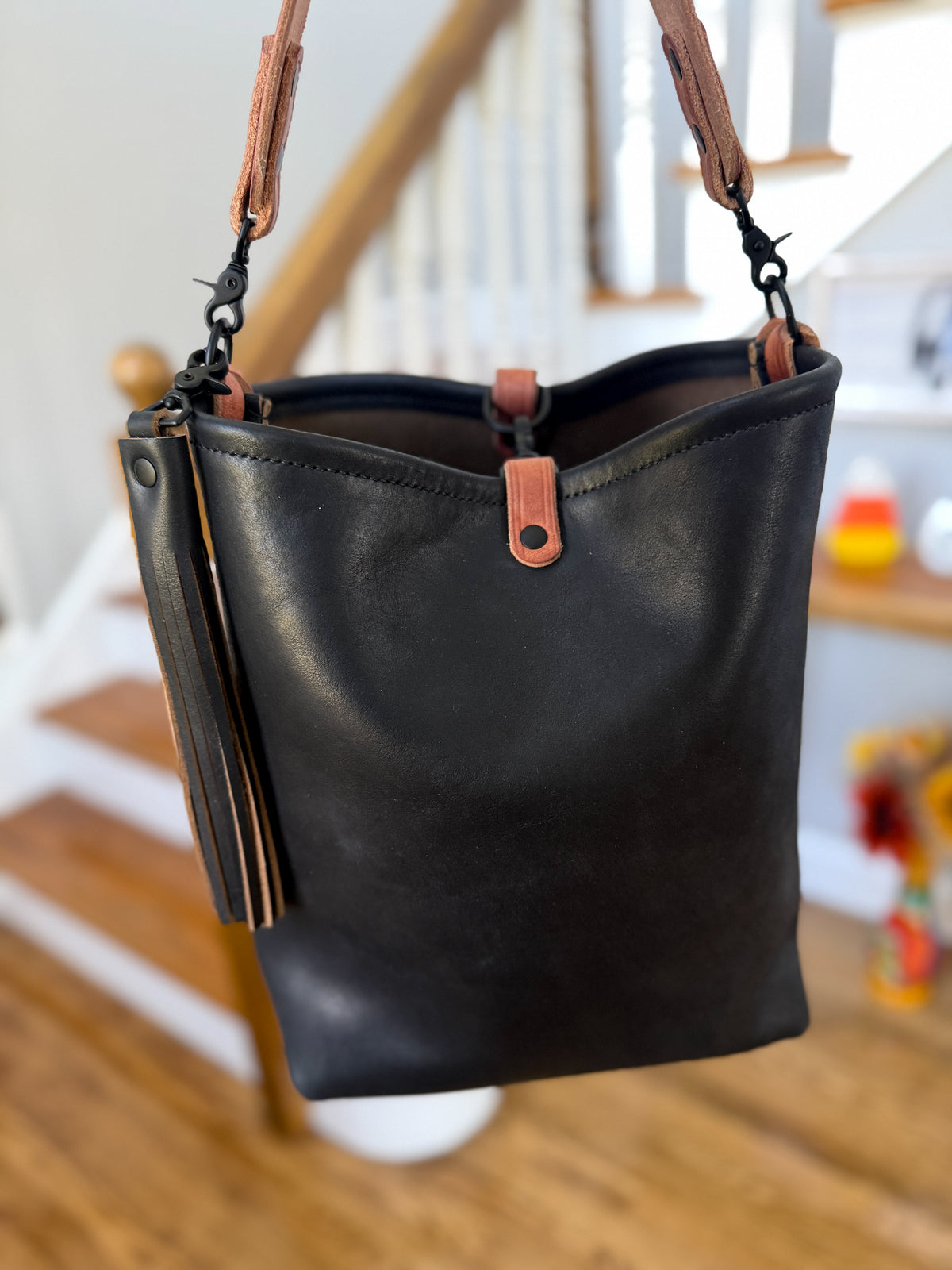 Slim Hobo Bucket in Horween Jet Black Full Grain Leather w/Hermann Oak Strap