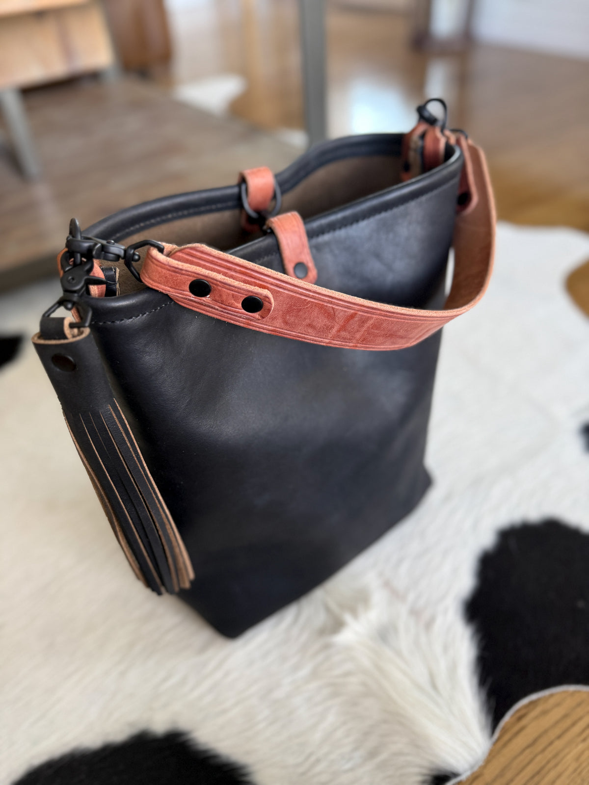 Slim Hobo Bucket in Horween Jet Black Full Grain Leather w/Hermann Oak Strap