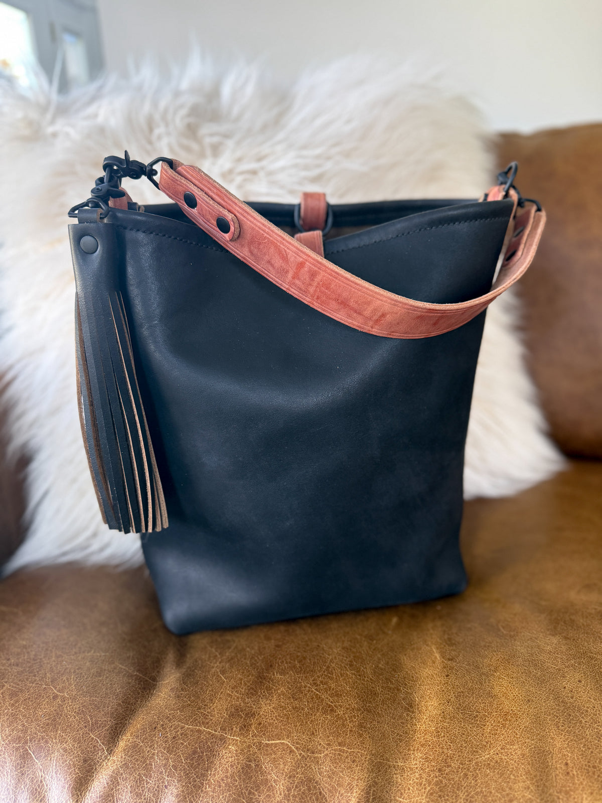 Slim Hobo Bucket in Horween Jet Black Full Grain Leather w/Hermann Oak Strap