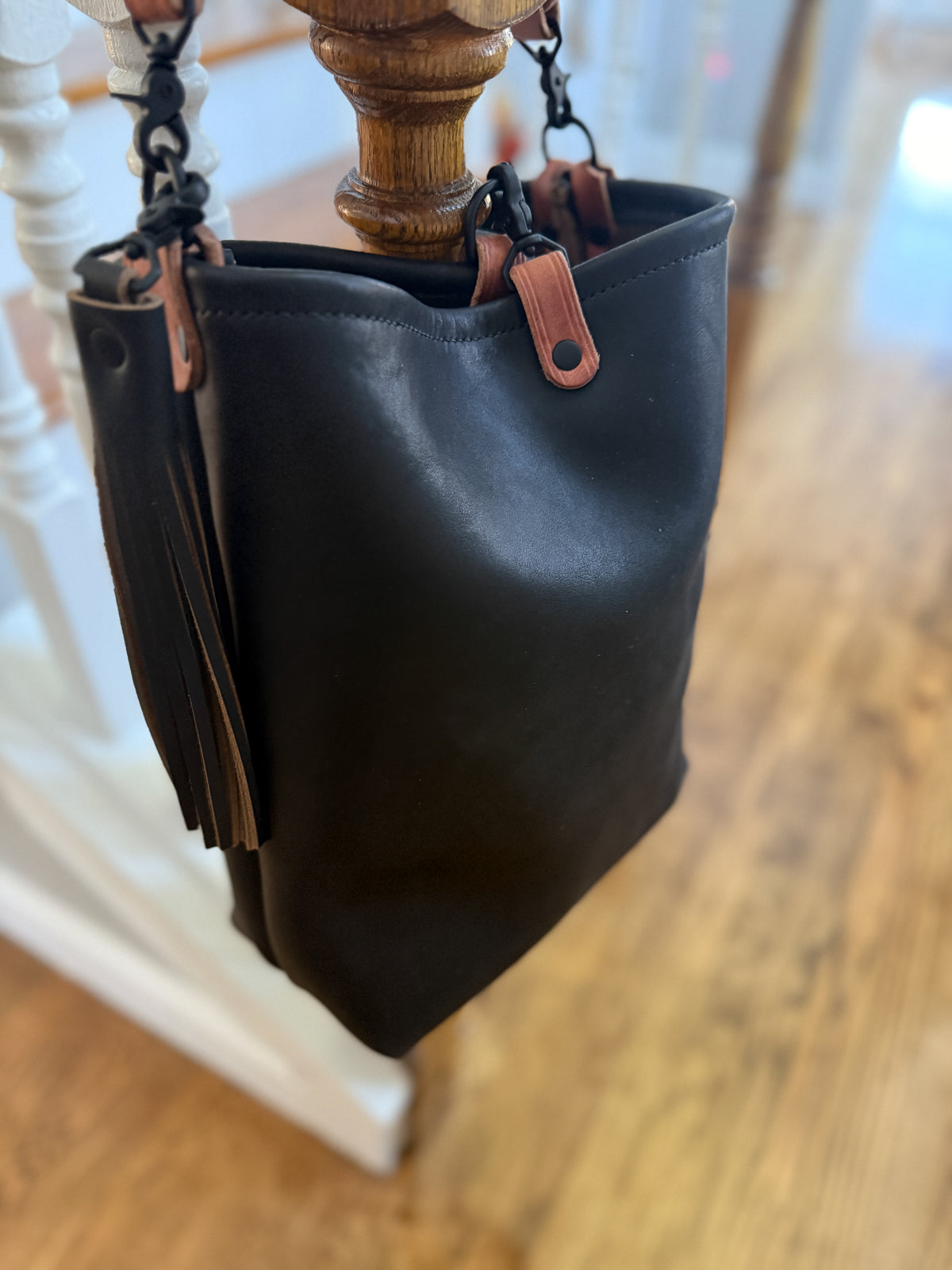 Slim Hobo Bucket in Horween Jet Black Full Grain Leather w/Hermann Oak Strap