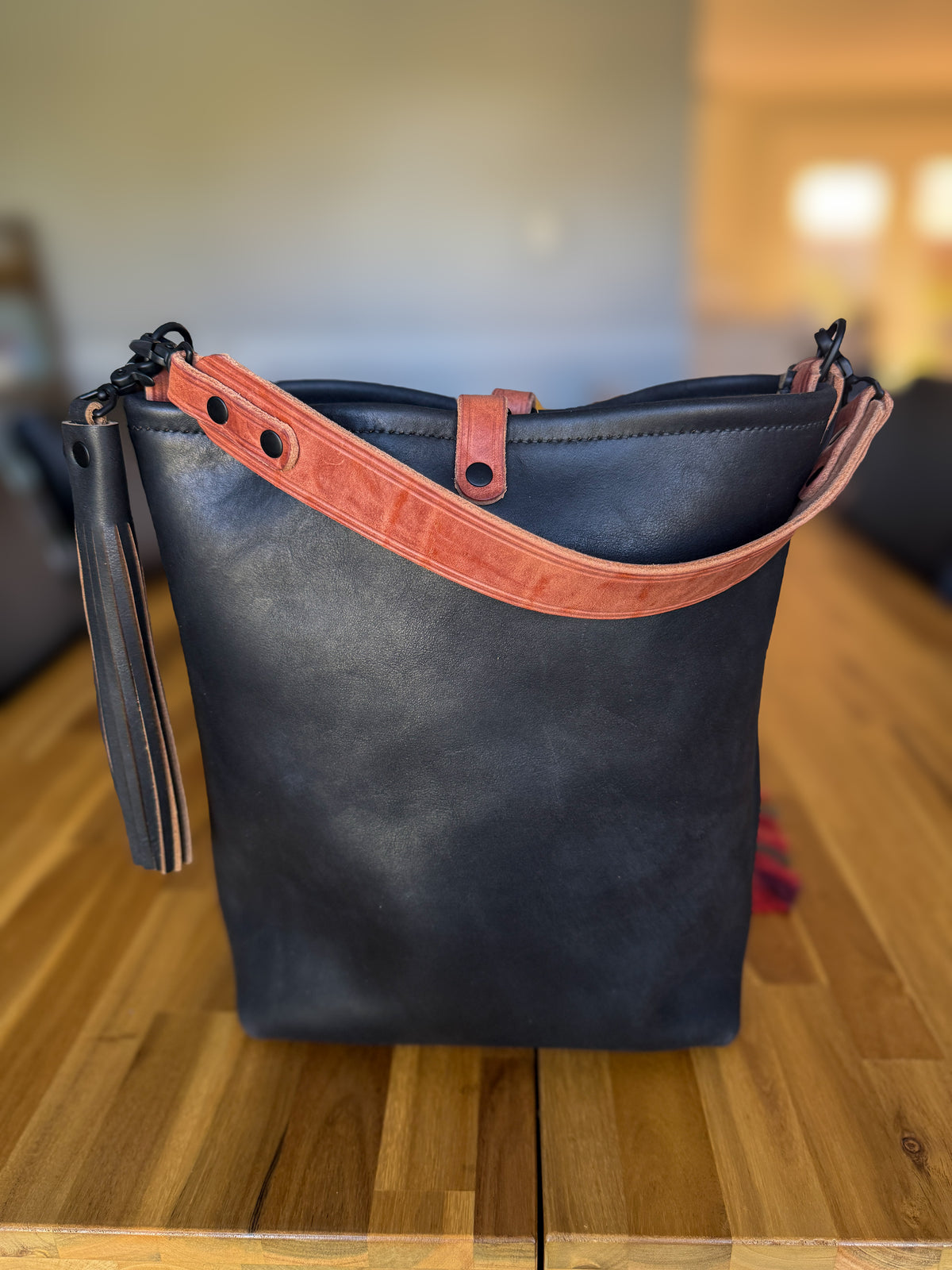 Slim Hobo Bucket in Horween Jet Black Full Grain Leather w/Hermann Oak Strap