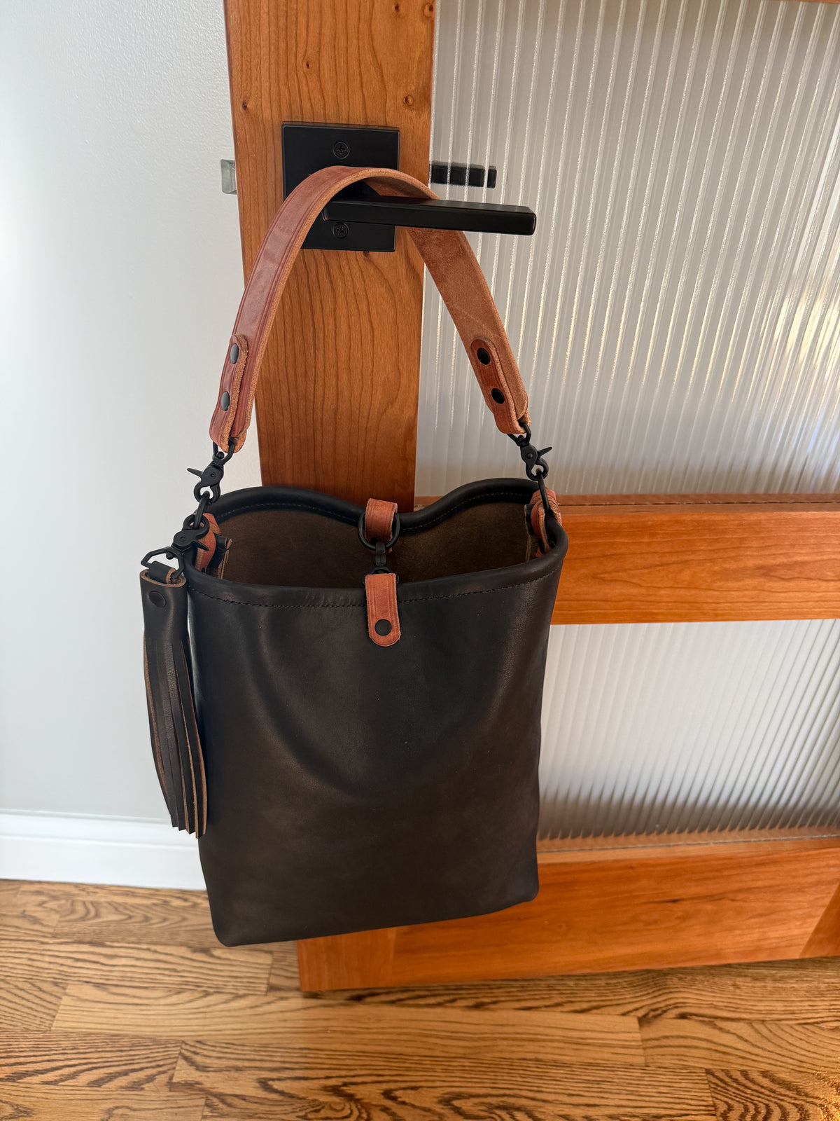Slim Hobo Bucket in Horween Jet Black Full Grain Leather w/Hermann Oak Strap