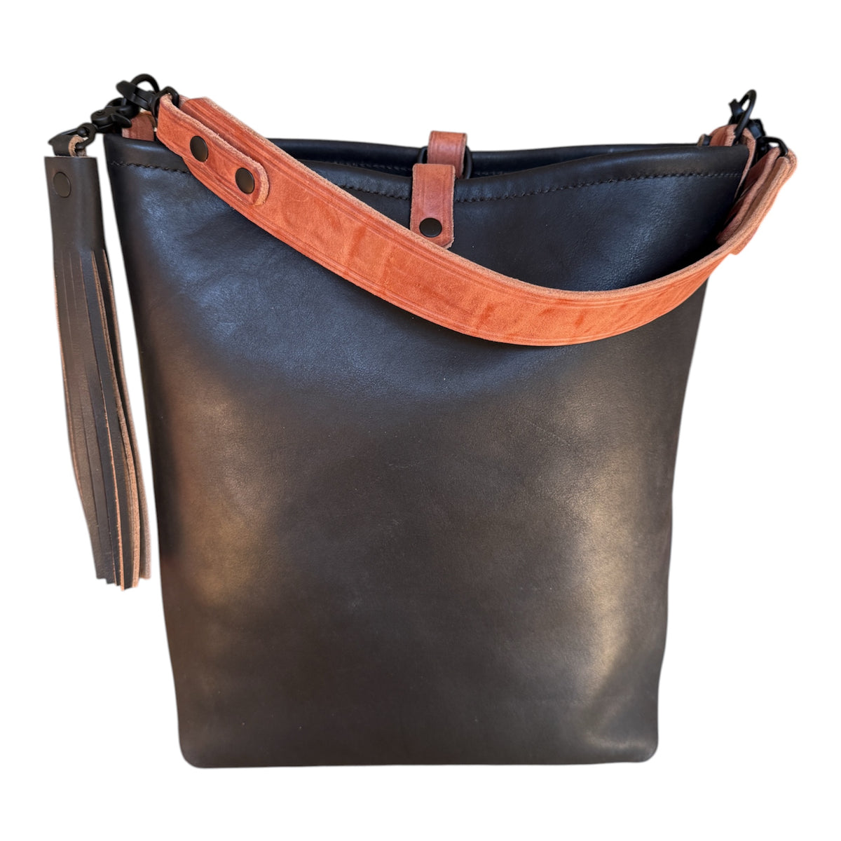 Slim Hobo Bucket in Horween Jet Black Full Grain Leather w/Hermann Oak Strap